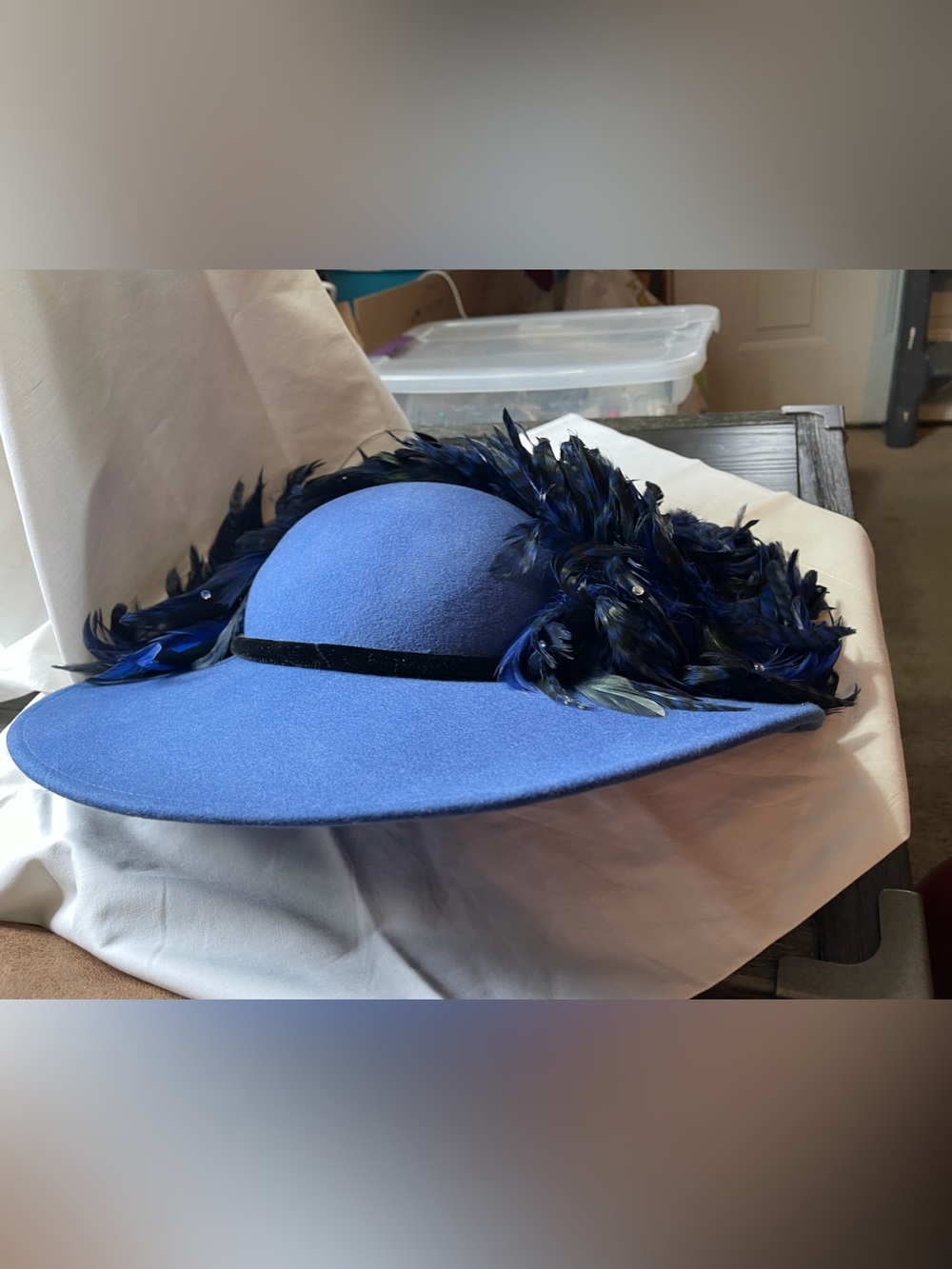 Classic Blue Wide-Brim Felt Hat with Feather Trim